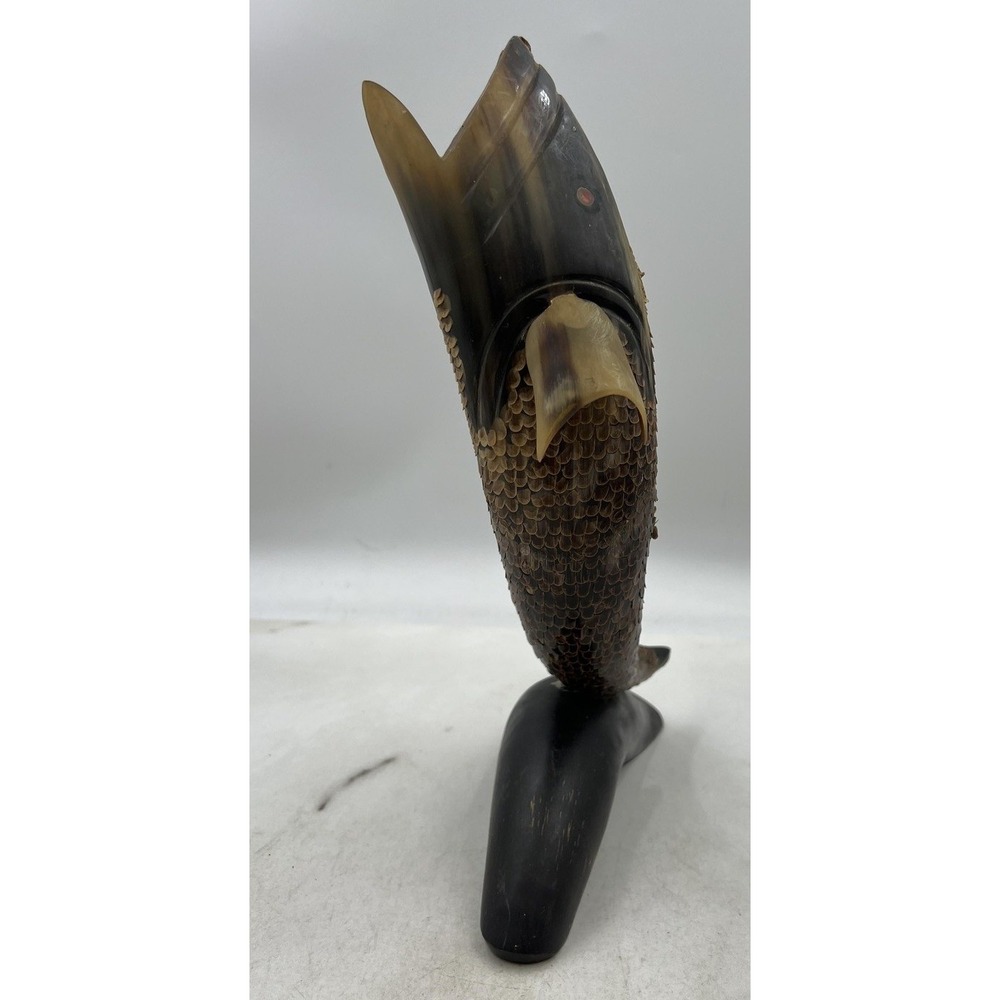 Vintage Hand Carved Bull Horn Fish Sculpture 13.5 Inch Nautical Folk Art Scales